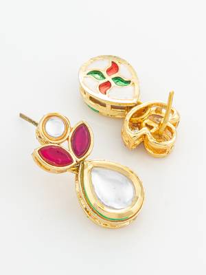 gold plated floral motif ruby and white stone drop earrings 4