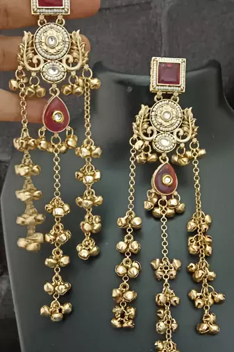 Ruby moissanite stones square brass kashmiri ghungroo earrings set