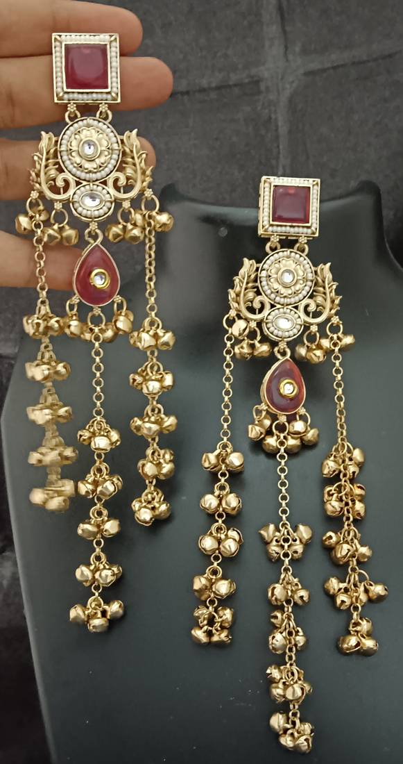 Ruby moissanite stones square brass kashmiri ghungroo earrings set