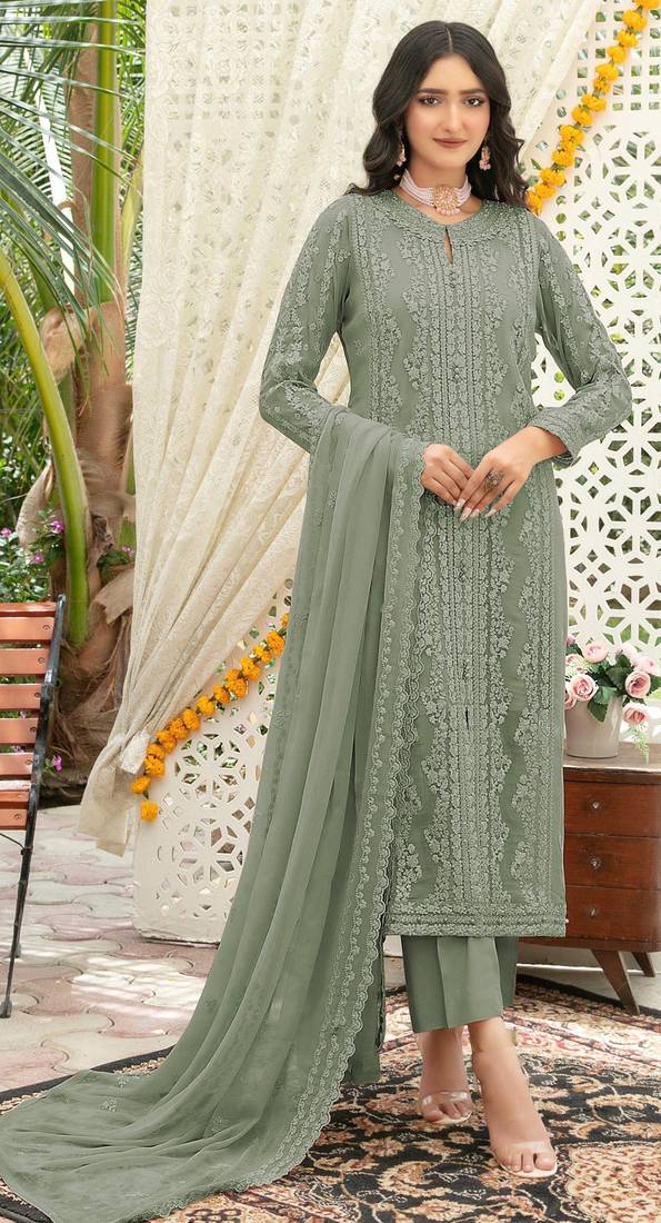 Green chiffon thread embroidered sequin salwar suit