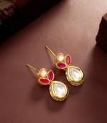 gold plated floral motif ruby and white stone drop earrings
