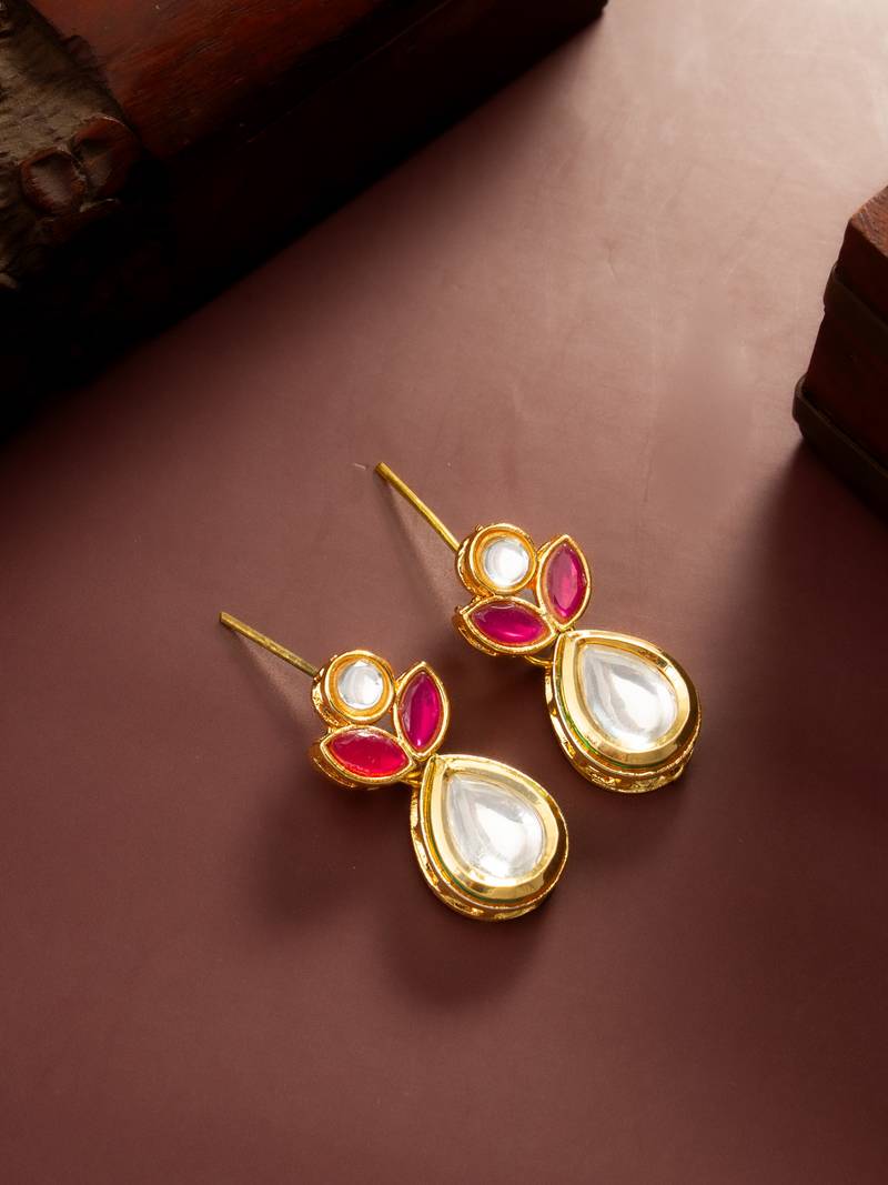 gold plated floral motif ruby and white stone drop earrings