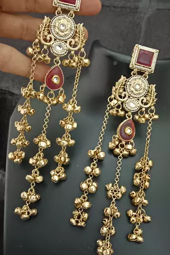 Ruby moissanite stones square brass kashmiri ghungroo earrings set