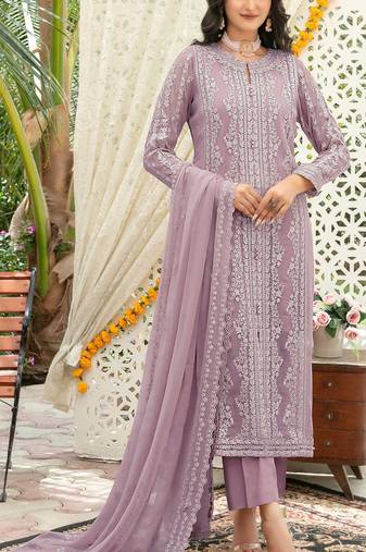 Lavender chiffon thread embroidered sequin salwar suit