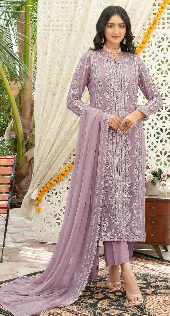 Lavender chiffon thread embroidered sequin salwar suit