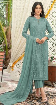 Aqua blue chiffon thread embroidered sequin salwar suit 1