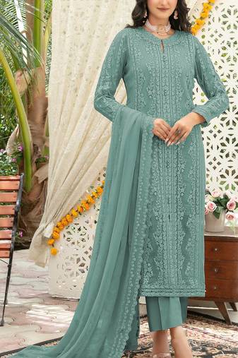 Aqua blue chiffon thread embroidered sequin salwar suit