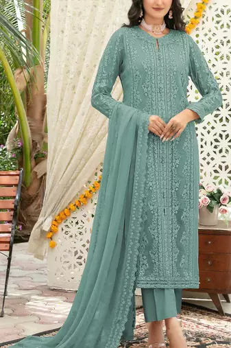 Aqua blue chiffon thread embroidered sequin salwar suit