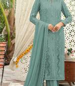 Aqua blue chiffon thread embroidered sequin salwar suit