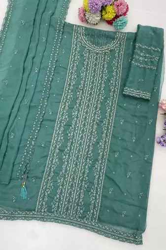 Aqua blue chiffon thread embroidered sequin salwar suit