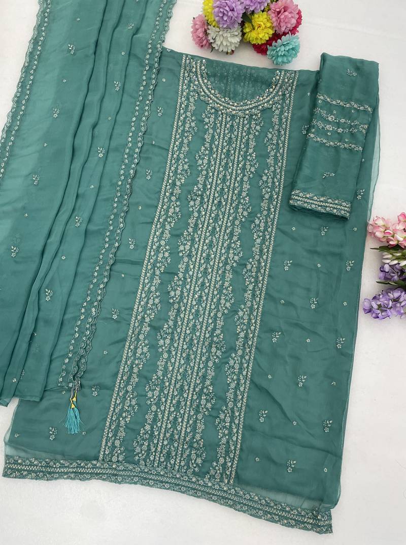 Aqua blue chiffon thread embroidered sequin salwar suit