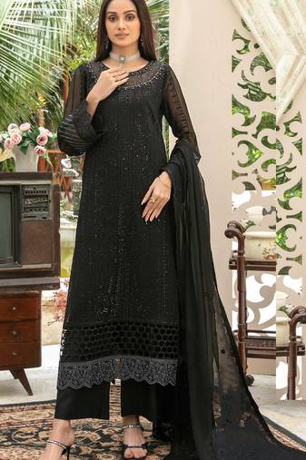 Black chiffon thread embroidered sequin salwar suit
