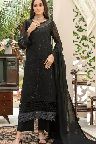 Black chiffon thread embroidered sequin salwar suit