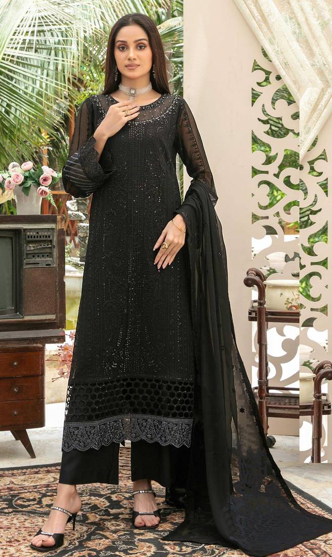 Black chiffon thread embroidered sequin salwar suit