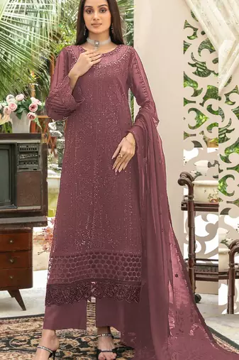 peach chiffon thread embroidered sequin salwar suit