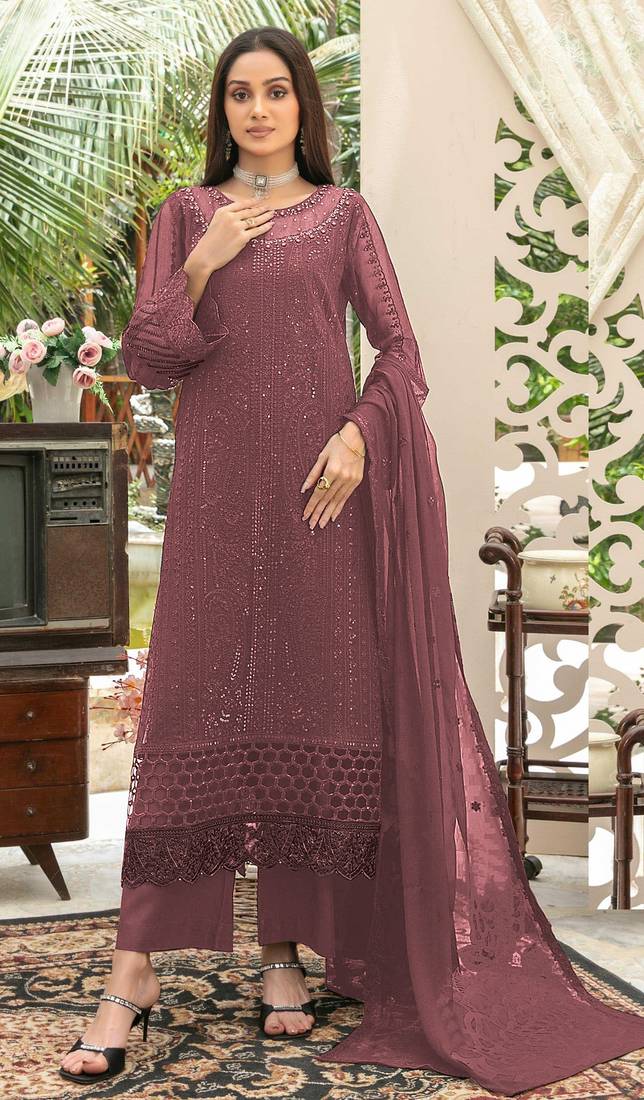 peach chiffon thread embroidered sequin salwar suit