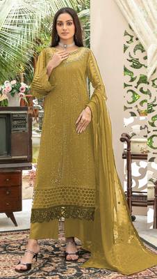 Mustard chiffon thread embroidered sequin salwar suit 1