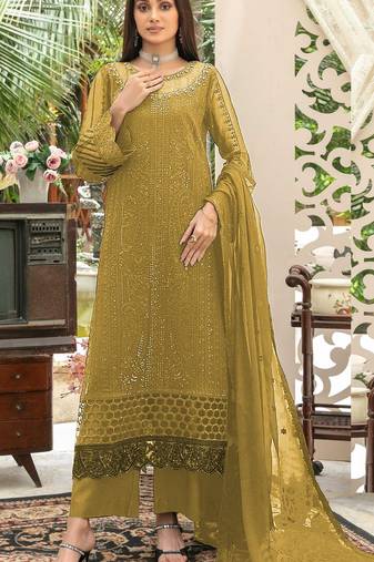 Mustard chiffon thread embroidered sequin salwar suit