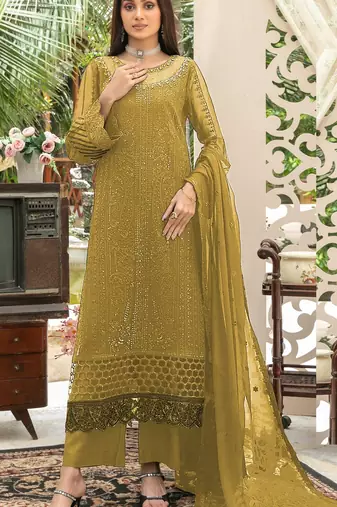 Mustard chiffon thread embroidered sequin salwar suit