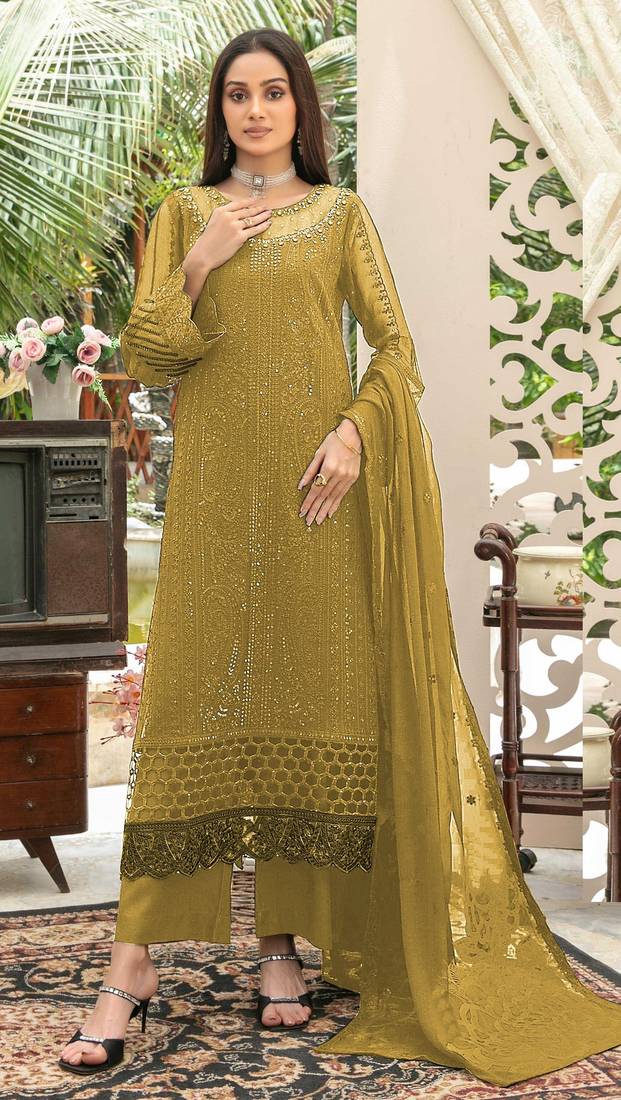 Mustard chiffon thread embroidered sequin salwar suit