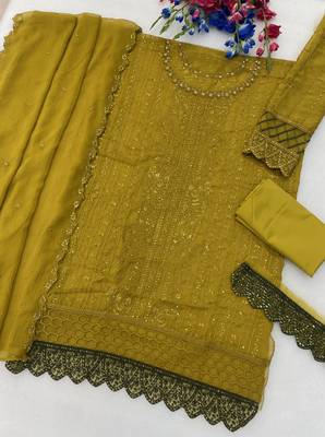 Mustard chiffon thread embroidered sequin salwar suit 2