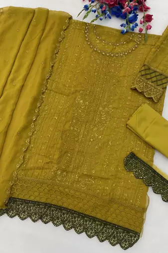 Mustard chiffon thread embroidered sequin salwar suit