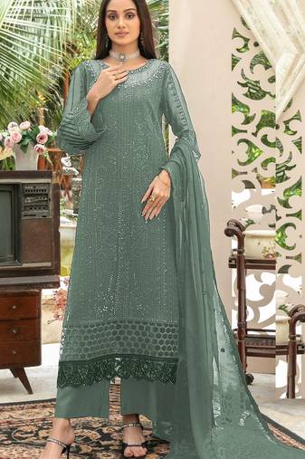 Sea green chiffon thread embroidered sequin salwar suit