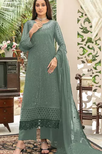 Sea green chiffon thread embroidered sequin salwar suit