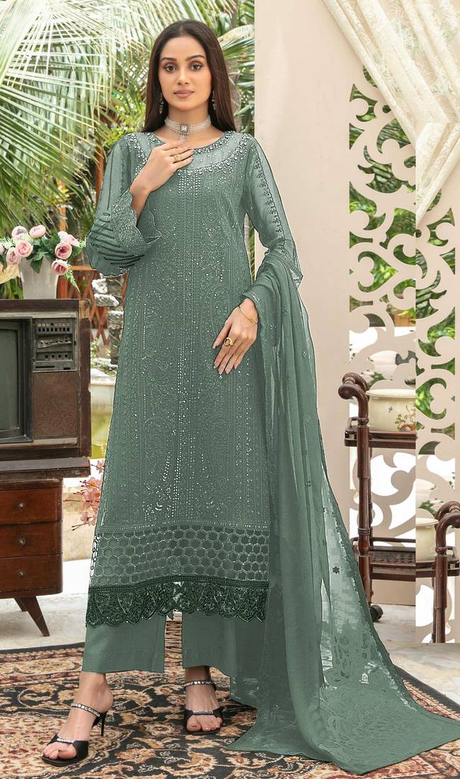 Sea green chiffon thread embroidered sequin salwar suit