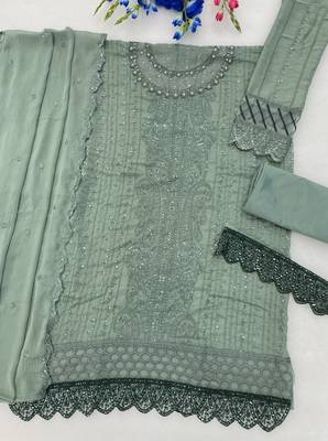 Sea green chiffon thread embroidered sequin salwar suit 2