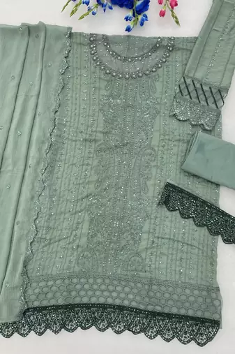 Sea green chiffon thread embroidered sequin salwar suit