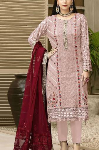 Pink chiffon thread embroidered sequin salwar suit
