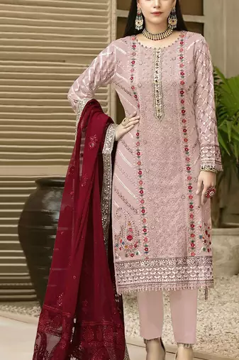 Pink chiffon thread embroidered sequin salwar suit