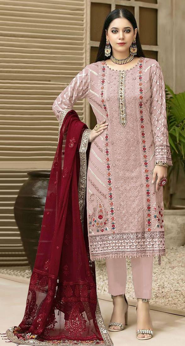 Pink chiffon thread embroidered sequin salwar suit