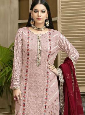 Pink chiffon thread embroidered sequin salwar suit 2