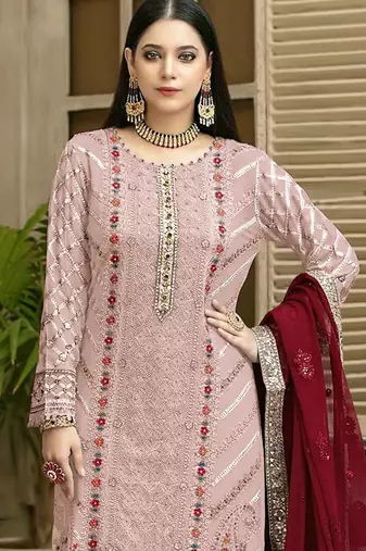 Pink chiffon thread embroidered sequin salwar suit