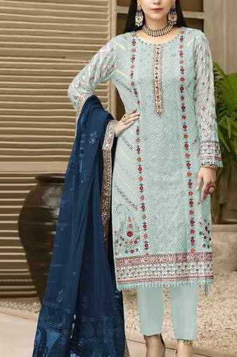 Blue chiffon thread embroidered sequin salwar suit