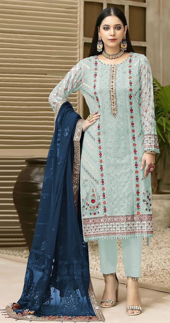 Blue chiffon thread embroidered sequin salwar suit