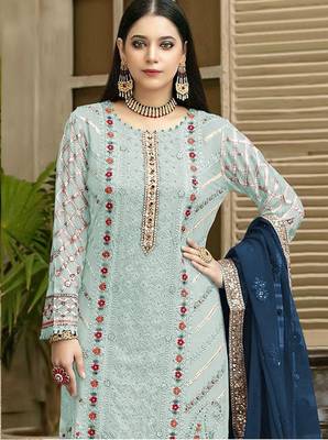 Blue chiffon thread embroidered sequin salwar suit 2
