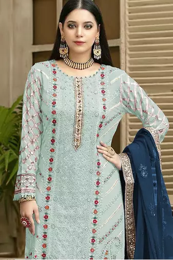 Blue chiffon thread embroidered sequin salwar suit