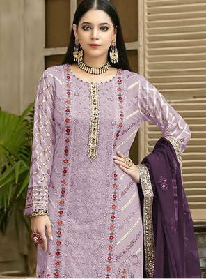 Lavender chiffon thread embroidered sequin salwar suit 2