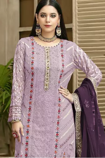 Lavender chiffon thread embroidered sequin salwar suit