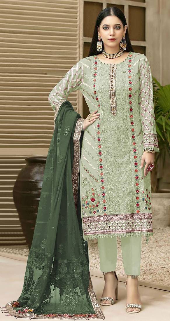 Green chiffon thread embroidered sequin salwar suit