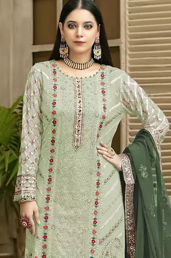 Green chiffon thread embroidered sequin salwar suit