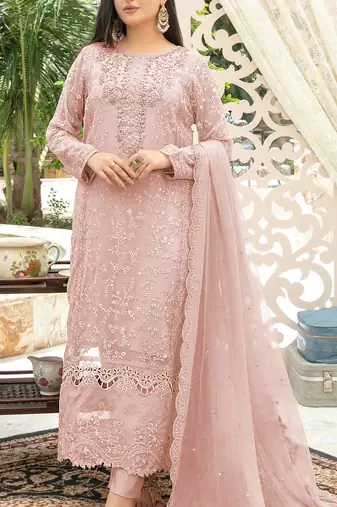 Pink chiffon thread embroidered sequin salwar suit