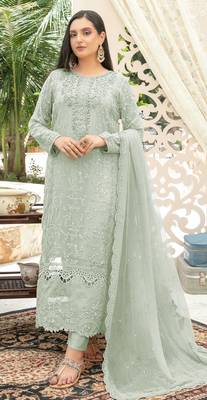 Sea green chiffon thread embroidered sequin salwar suit 1