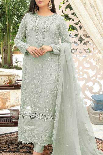 Sea green chiffon thread embroidered sequin salwar suit