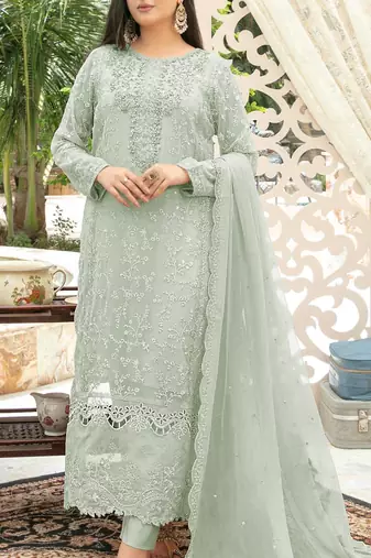 Sea green chiffon thread embroidered sequin salwar suit
