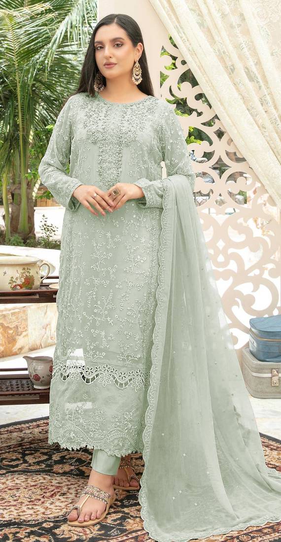 Sea green chiffon thread embroidered sequin salwar suit