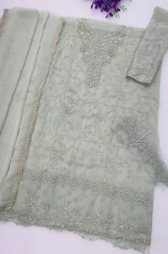 Sea green chiffon thread embroidered sequin salwar suit